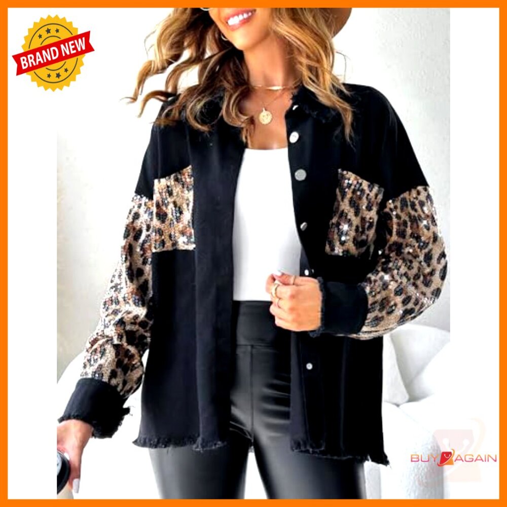 Oversized Denim Shacket Sequin Patchwork Long Sle… - image 6